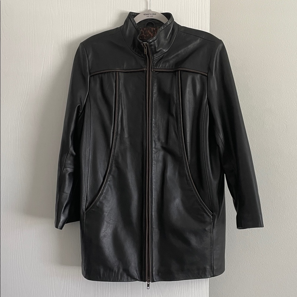 Coldwater Creek Black Leather Jacket with Leopard Print Lining.  Buttery soft.